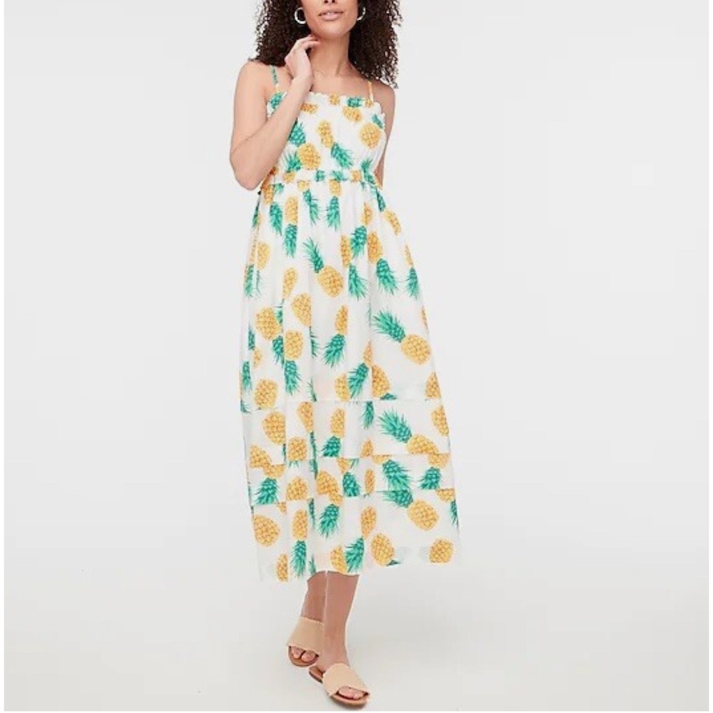 J‎ Crew Pineapple Print Tiered Maxi Dress Spaghetti Strap White Tropical Size 12